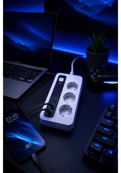 3000w Akıllı 3'lü Priz Usb' Li Uzatma Kablo - 4 Usb + 2 Type-c Hızlı Şarj 2 Mt Uzatma Kablo 2 - 5 M
