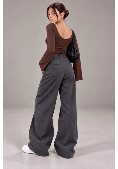 Bbbutikbasic Kadın U Yaka İspanyol Kol Uzun Kollu Slim Fit Bluz My3535 Kahverengi