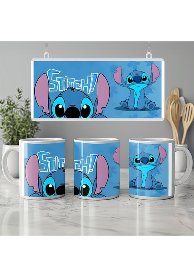 Stitch Mavi Tasarımlı Sevimli Karakter Kupa Bardak - Lilo And Stitch Temalı Bardak Beyaz