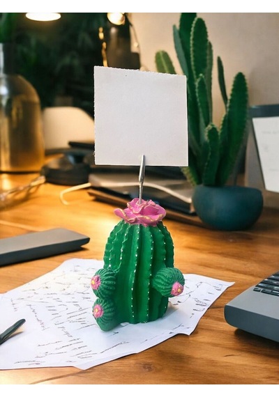 Pembe Çiçek Desenli Kaktüs Obje Fotoğraf Not Tutucu Ofis Masası Tutacak Hediyelike Pembe Yeşil