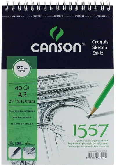 Telli Eskiz Defteri Canson 1557 A3 Spiralli 40 Yaprak 1 Adet 120 Gr 297x420 Mm Üstten Açılmalı Karakalem Sketch Book
