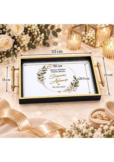 Bk Gift Kişiye Özel Siyah&gold Söz Nişan Tepsisi-5 - 39x23 Cm Çok Renkli