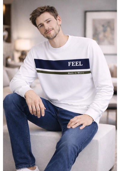 The Feel Marcel Erkek Regular Fit Bisiklet Yaka İnce Sweatshirt Beyaz