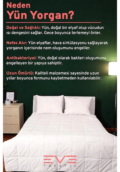 %100 Merinos Kuzu Yünlü Pamuklu Antialerjik Çift Kişilik Yorgan 195x215 Cm Beyaz