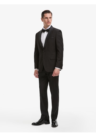 Cacharel Siyah Slim Fit Yün Karışımlı Şal Yaka Smokin Damatlık