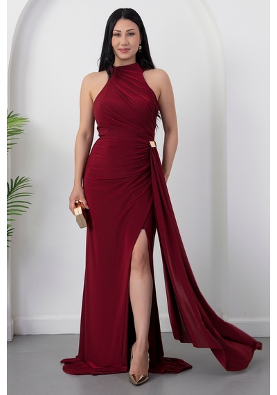 Kalopya Halter Yaka Drapeli Tokalı Abiye Elbise Ecr5862 Bordo