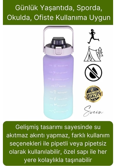 Premium 2 Lt Pipetli Kilitli Sızdırmaz Kapaklı Kamp Sağlıklı Motivasyon Suluk Matara Spor Su Şişesi