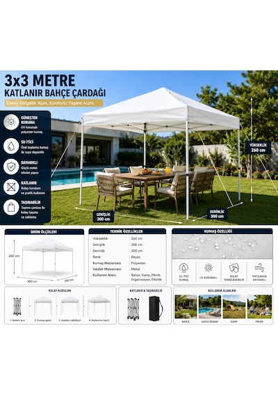 3x3 M Katlanır Bahçe Çardağı Suya Dayanıklı, Metal İskeletli, Taşıma Çantalı Kamp Ve Organizasyon Çadırı Kırık Beyaz
