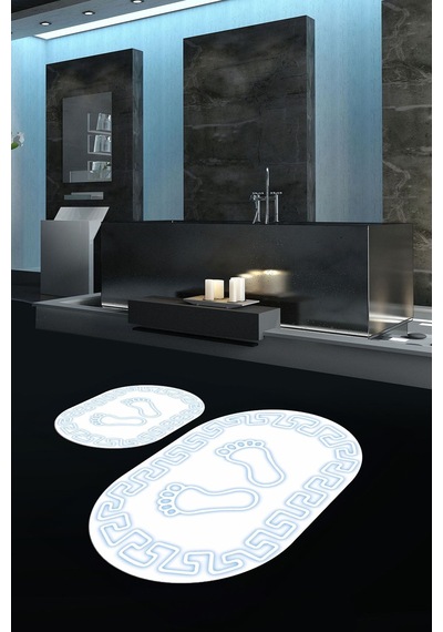 Buççin Online Mağaza Dijital Baskılı Kaymaz Yıkanabilir Ayak Desen Oval Banyo Takımı Klozet Takımı Polyester Beyaz Çok Renkli