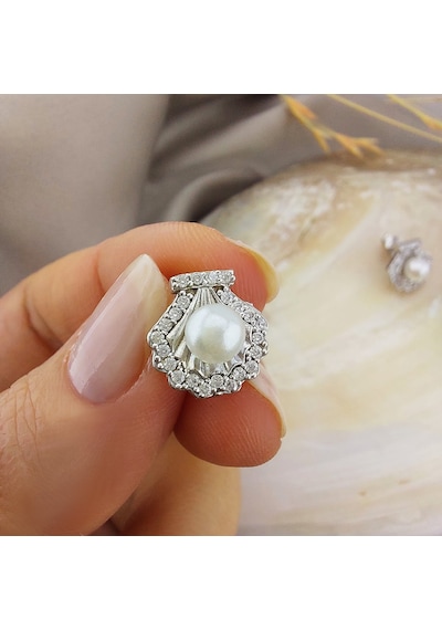 Vaoov 925 Ayar Gümüş Rodyumlu İstiridye İnci Küpe