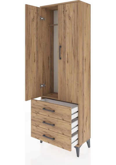 Arges Dolap Tek Raflı 3 Çekmeceli Tek Askılı 60x30x182 Çam-çam Çam