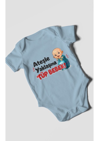 Morivokids Ateşle Yaklaşma Tüp Bebek Kısa Kollu Bebek Body %100 Pamuk Bebe Mavisi