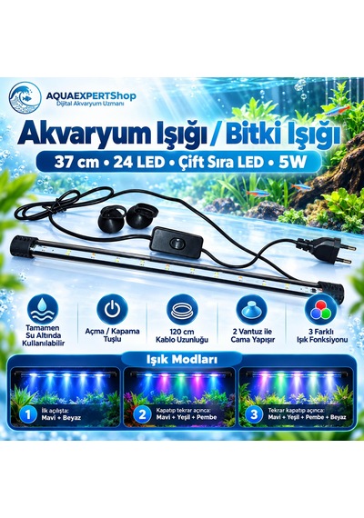 Akvaryum Işığı - Balık Işığı - Bitki Işığı - 37 Cm - 24 Led - Tamamen Su İçinde Kullanılabilir - 3 Modlu - 5w - Mükemmel Işık