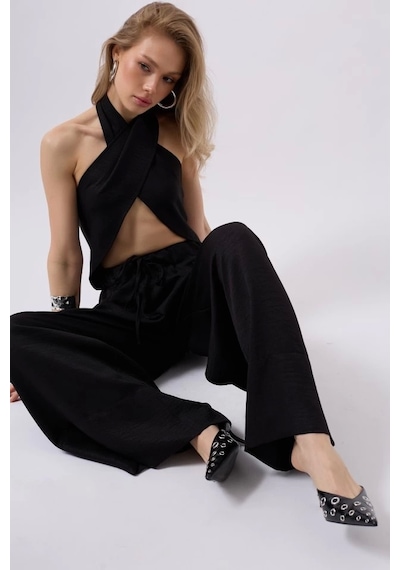 Defymoda Düşük Bel Oversize Keten Pantolon Siyah
