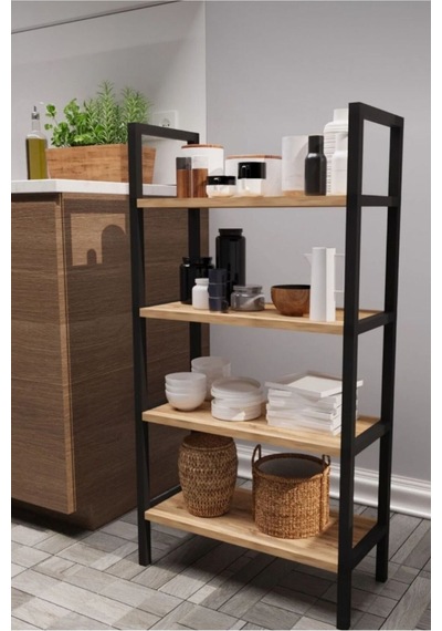 Dört Rafli Çok Amaçli Rafli Ünite Siyah Profil Çam Sunta 50x23x100 Cm Mtl014 Siyah-çam