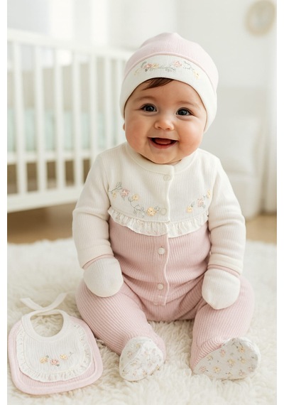Milays 0-3 Ay Gaye Kız Bebek Renkli Çiçek Nakışlı %100 Pamuk 5li Set Pudra