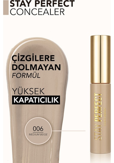 Flormar Stay Perfect Yüksek Pigmentli & Yarı Mat Bitişli Likit Kapatıcı 006 Medium Beige