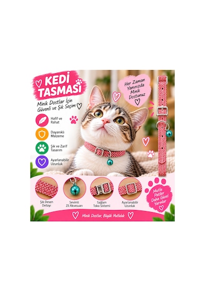 Kedi Tasması Mercan File Dokulu Turkuaz Zilli Ayarlanabilir Metal Tokalı Kedi Boyun Tasması