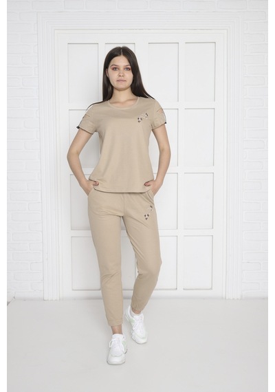 Kadın Spor Koyu Bej Alt-Üst T-Shirt Takım-3941 Koyu Bej