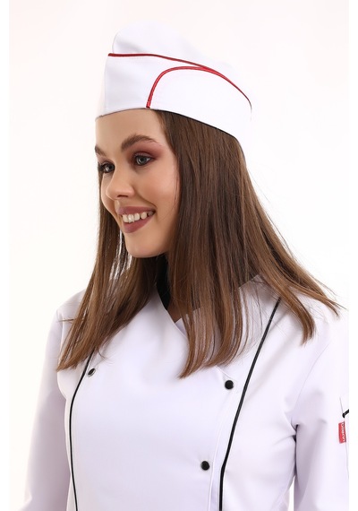 Beyaz Üzerine Kırmızı Biye Aşçı Kayık Kep - Unisex-Standart-Tek Parça