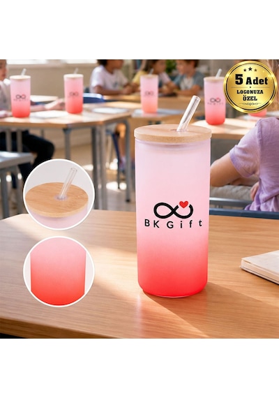 Logonuza Özel 5 Adet Pipetli Cam Matara 600 Ml Ahşap Kapaklı Kurumsal Suluk Pembe