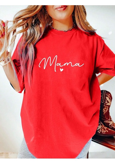 Mama Kalp T-shirt - Kırmızı Baskılı Oversize Bisiklet Yaka Kısa Kol Tişört Kırmızı