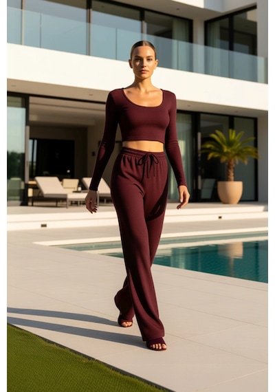 Benerly Kadın Alt Üst Koyu Yumoş Örme Crop Ve Geniş Paça Pantolon Takım F bordo Benerly Kadın Alt Üst Koyu Yumoş Örme Crop Ve Geniş Paça Pantolon Takım F bordo