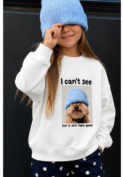 Monila Unisex Çocuk 3 İplik Kumaş Köpek Baskılı Pamuklu Sweatshirt Ekru