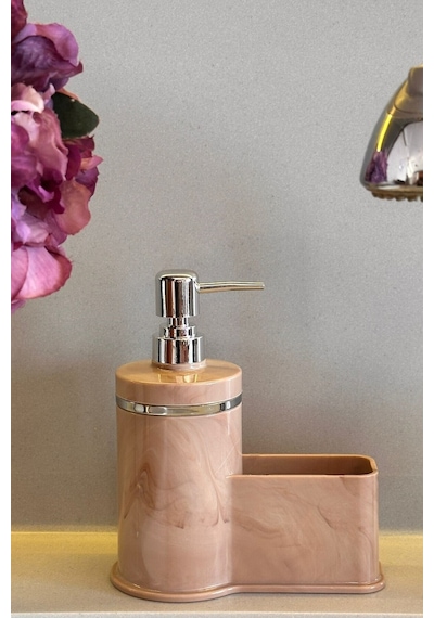 Makri Home Mutfak Veya Banyo İçin Şık Gümüş Detaylı Süngerlikli Sıvı Sabunluk , Yerli Üretim Pembe