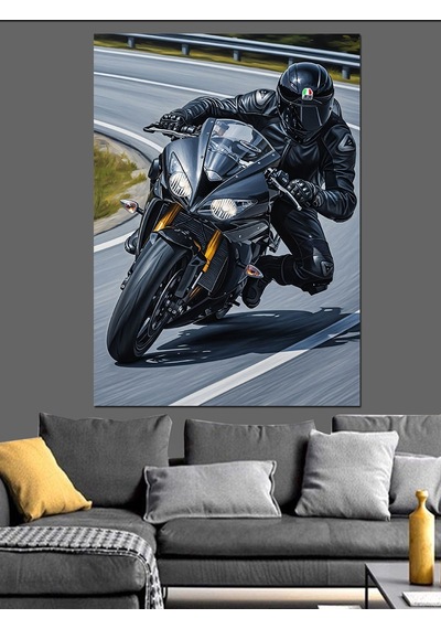 Ahşap Tablo Siyah Kasklı Modern Motorcu