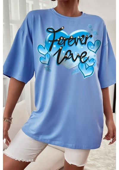 Uyguntarz Unisex Forever Love Baskılı Oversize Tshirt Bebe Mavisi