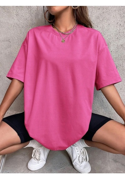 Düz Basic T-shirt - Pembe Oversize Bisiklet Yaka Kısa Kol Pembe