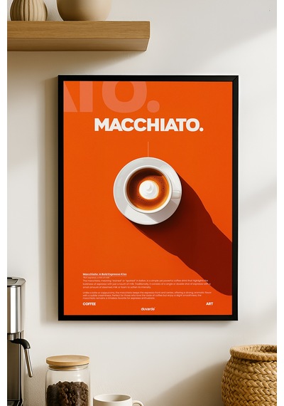 Macchiato Kahve Siyah Ahşap Çerçeveli Poster, Dekoratif Duvar Tablosu