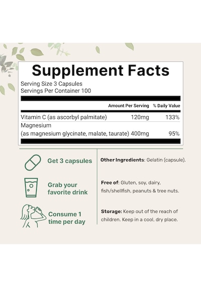 Pure Triple Magnesium Complex Glycine + Malate + Taurate & Vitamin C / 400 Mg 300 Softgels