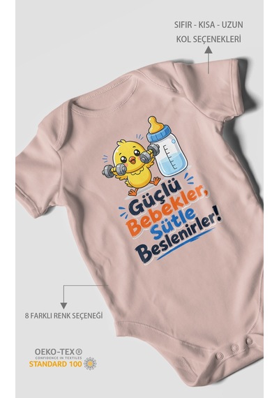 Morivokids Güçlü Bebekler Sütle Beslenir Kısa Kollu Bebek Body %100 Pamuk Pastel Pembe