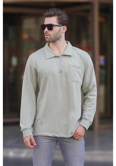 Madmext Mint Yeşili Polo Yaka Fermuarlı Uzun Kollu Erkek Sweatshirt 7057