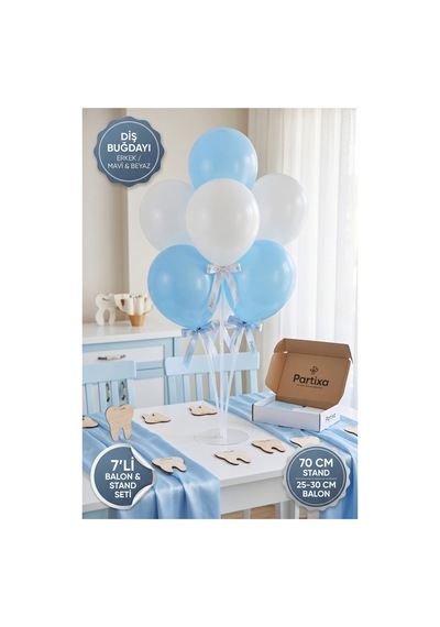 Diş Buğdayı Erkek Bebek Balon Standı Seti 70 Cm Masa Standı 7 Adet Lateks Balon Mavi Beyaz Çok Renkli