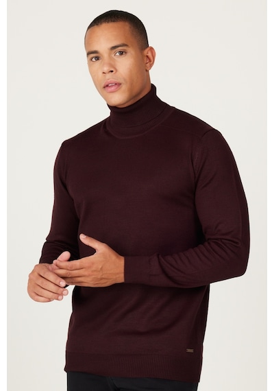 Erkek Bordo Standart Fit Normal Kesim Tam Balıkçı Yaka Triko Kazak Bordo