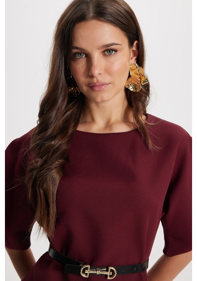 Tudors Kadın Slim Fit Dar Kesim Kol Detaylı İnce Kemerli Fermuarlı Bordo Bluz Gömlek-50761