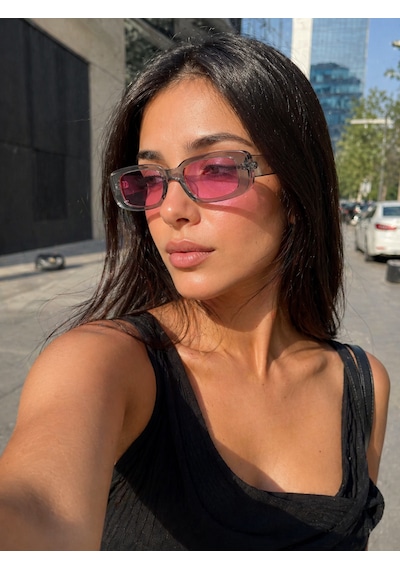 Kadın Şeffaf Güneş Gözlüğü Siyah Cam Dikdörtgen Çerçeve Retro Y2k Vintage Uv400 Gri - Pembe