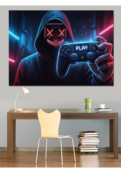 Neon Işıklı Kapşonlu Gamer Figür Dekoratif Kanvas - Mdf Ahşap Tablo