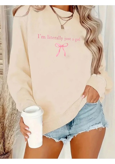 Uyguntarz Unisex I'm Literally Just A Girl Baskılı Oversize Sweatshirt Bej