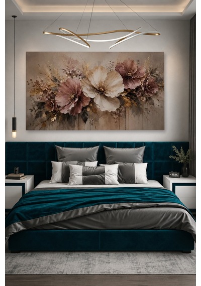 Tam Renk Pudra Gül Kurusu Çiçek Soyut Modern Floral Bej Dekoratif Kanvas Duvar Tablosu Pembe