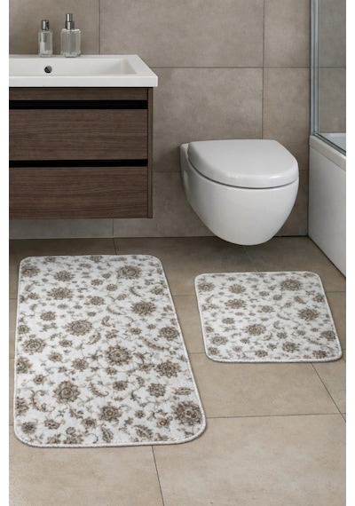 Kaymaz Tabanlı 2 Li Banyo Paspas Seti Yıkanabilir, Su Emici, Toz & Leke Tutmaz Oval Klozet Takımı Kakao