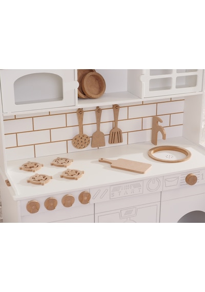Boyalı Beyaz Ahşap Oyuncak Bulaşık Makine Detaylı Mutfak Tabak Ve Spatula Seti Hediye