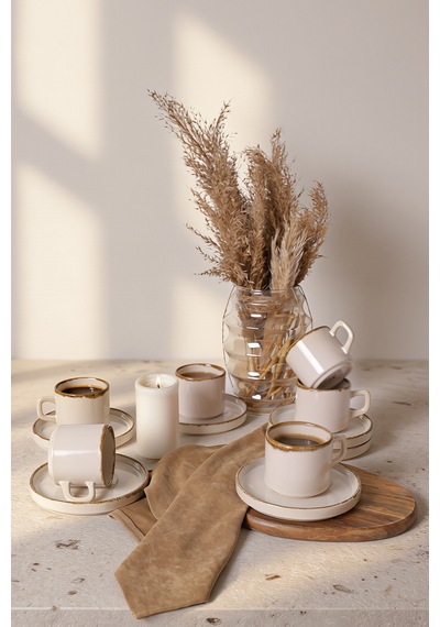 Keramika Straw Stackable Çay Takımı 12 Parça 6 Kişilik Krem
