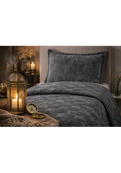 Goldroom Home Ranya Kadife Nakışlı Tek Kişilik Yatak Örtüsü Antrasit