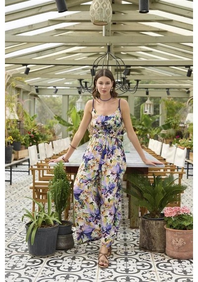 Angbutik Çiçek Ve Yaprak Desenli İp Askılı Tulum Mor