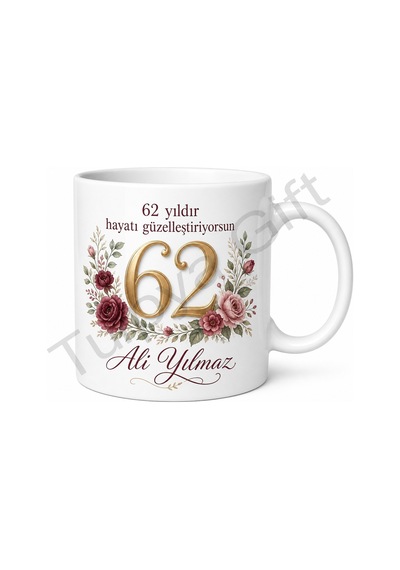 Klasik Porselen 62 Yaş Doğum Günü Hediyesi Çay Kupası Baskılı Bardak Beyaz / Çok Renkli