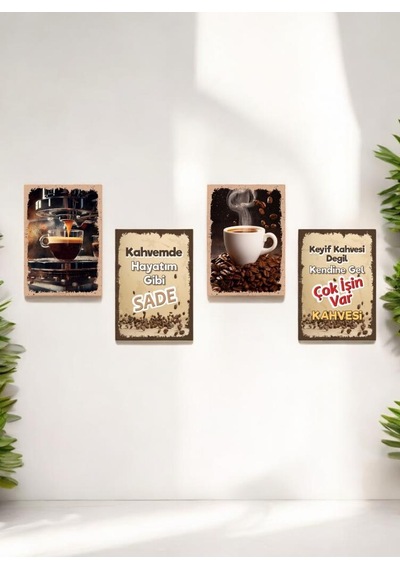 Kahve Tarasımlı Mdf Tablo Dekoratif Hediyelik 4 Parça 14x20 Cm